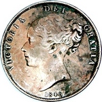 1846 UK penny value, Victoria, young head, near colon