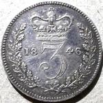 1846 UK threepence value, Victoria, young head