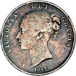 1847 UK penny value, Victoria, young head, near colon
