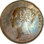 1848 UK penny value, Victoria, young head, 8 over 6