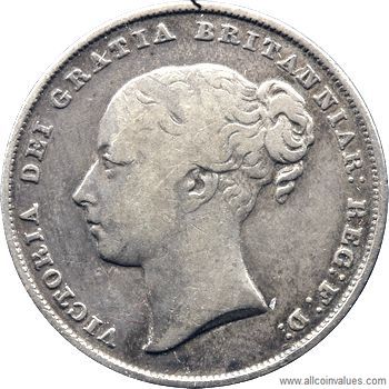 1848 UK shilling obverse, Victoria, young head