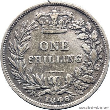 1848 UK shilling reverse, Victoria, young head