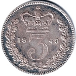 1849 UK threepence value, Victoria, young head