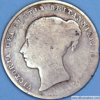 1850 UK shilling obverse, Victoria, 50 over 49