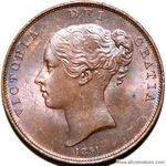 1851 UK penny value, Victoria, young head, far colon