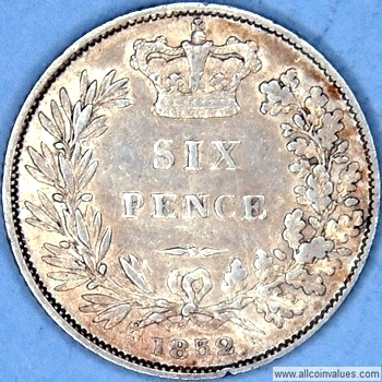 1852 UK sixpence reverse, Victoria, young head