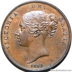1853 UK penny value, Victoria, young head, far colon, ornamental trident