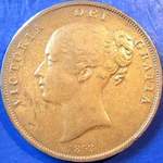 1853 UK penny value, Victoria, young head, near colon, plain trident
