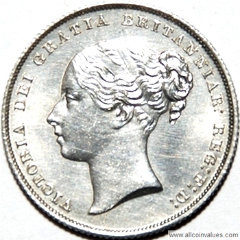 1853 UK shilling obverse, Victoria, young head