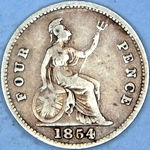 1854 UK fourpence (groat) value, Victoria, young head, 5 over 3