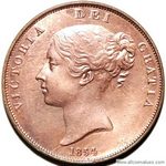 1854 UK penny value, Victoria, young head, far colon, ornamental trident