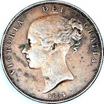 1854 UK penny value, Victoria, young head, 4 over 3