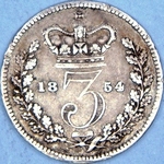 1854 UK threepence value, Victoria, young head
