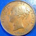 1855 UK penny value, Victoria, young head, far colon, ornamental trident