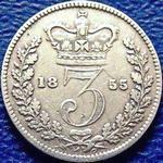 1855 UK threepence value, Victoria, young head
