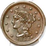 1855 USA one cent value, braided hair, knob on ear