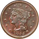 1855 USA one cent value, braided hair, slanted 55