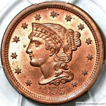 1855 US penny (1 cent) obverse, braided hair, upright 55