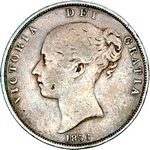 1856 UK penny value, Victoria, young head, near colon, plain trident
