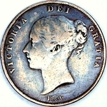 1856 UK penny value, Victoria, young head, far colon, ornamental trident