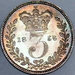 1856 UK threepence value, Victoria, young head