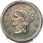 1856 USA one cent value, braided hair, slanted 5