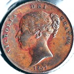 1857 UK penny value, Victoria, young head, far colon, ornamental trident
