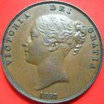 1857 UK penny value, Victoria, young head, near colon, plain trident