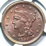 1857 USA one cent value, braided hair, small date