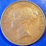 1858 UK penny value, Victoria, young head, 8 over 3