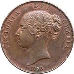 1858 UK penny value, Victoria, young head, 8 over 7