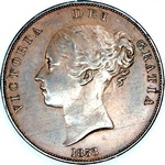 1858 UK penny value, Victoria, young head, 8 over 6