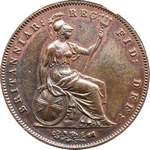 1858 UK penny value, Victoria, young head, large date, W.W.