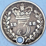 1858 UK threepence value, Victoria, young head, 8 over 6