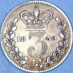 1859 UK threepence value, Victoria, young head