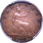 1860 UK farthing value, Victoria, bun head, bronze, beaded reverse, toothed obverse mule