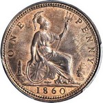 1860 UK penny value, Victoria, bun head, Freeman 6 (1+B)