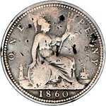 1860 UK penny value, Victoria, bun head, Freeman 1 (1+A)