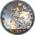 1860 UK penny value, Victoria, bun head, Freeman 15 (4+D)