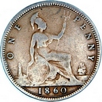 1860 UK penny value, Victoria, bun head, Freeman 16 (5+D)