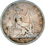 1860 UK penny value, Victoria, bun head, Freeman 17 (6+D)