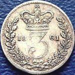 1861 UK threepence value, Victoria, young head