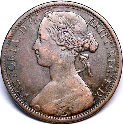 1860 UK penny value, Victoria, bun head, Freeman 8 (1+D)