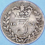 1862 UK threepence value, Victoria, young head
