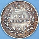 1863 UK shilling value, Victoria, young head, 3 over 1
