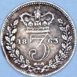 1863 UK threepence value, Victoria, young head