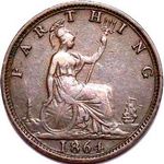 1864 UK farthing value, Victoria, bun head, bronze, plain 4