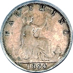 1864 UK farthing value, Victoria, bun head, bronze, serif 4