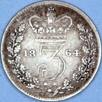 1864 UK threepence value, Victoria, young head