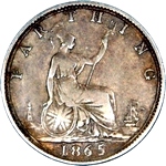 1865 UK farthing value, Victoria, bun head, 5 over 2